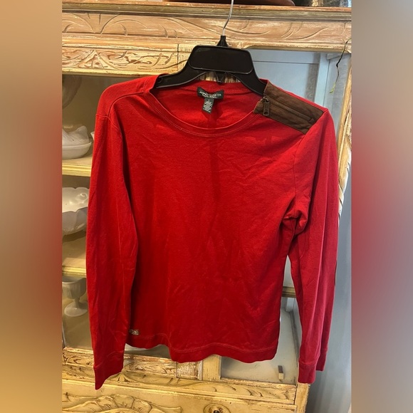 Lauren Ralph Lauren Size Large Red Long Sleeve with Brown Shoulder Zip Detail - Picture 1 of 6